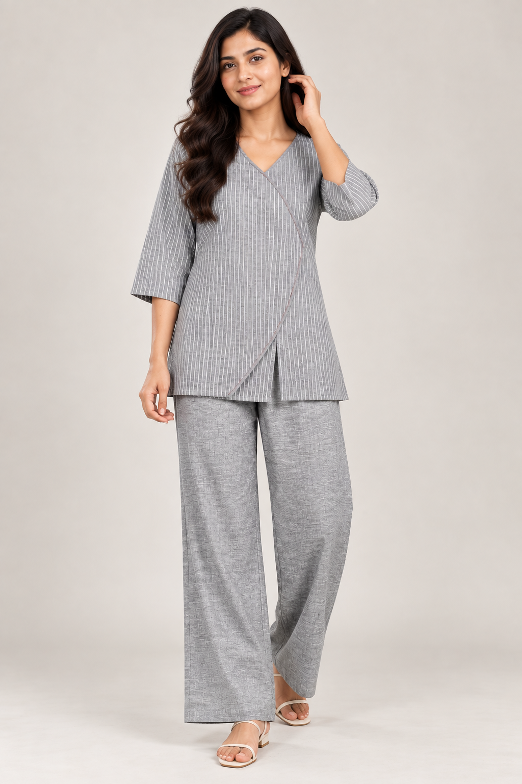 Women’s Grey Pinstripe Wrap-Style Cord Set