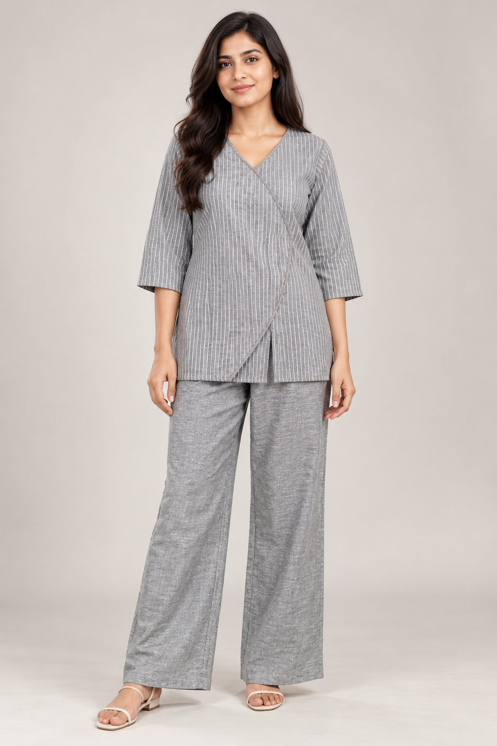 Women’s Grey Pinstripe Wrap-Style Cord Set
