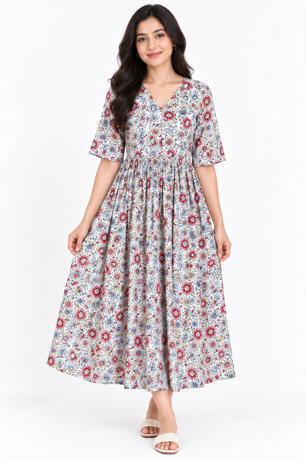 Women’s Floral Print V-Neck Gathered Midi Dress