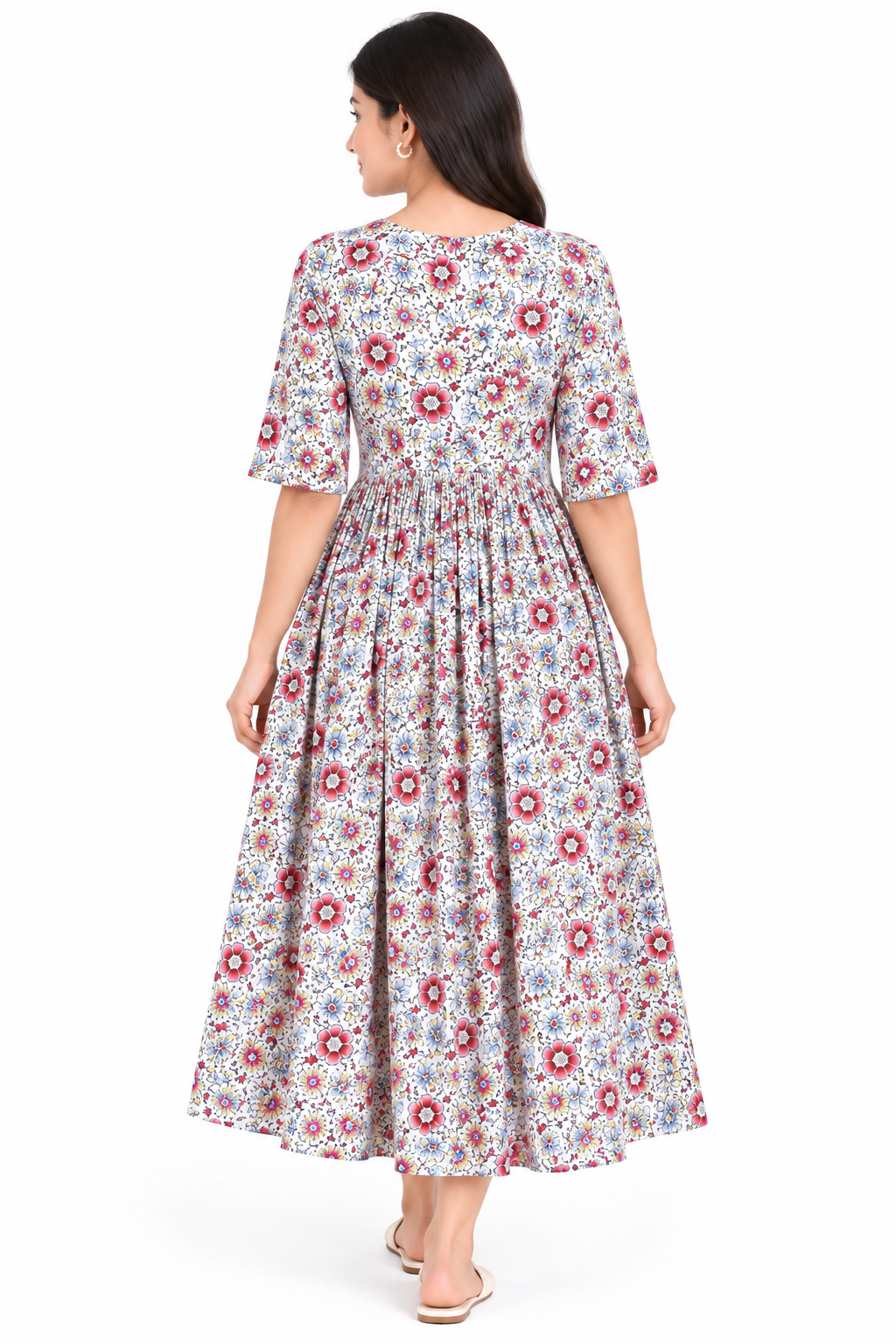 Women’s Floral Print V-Neck Gathered Midi Dress