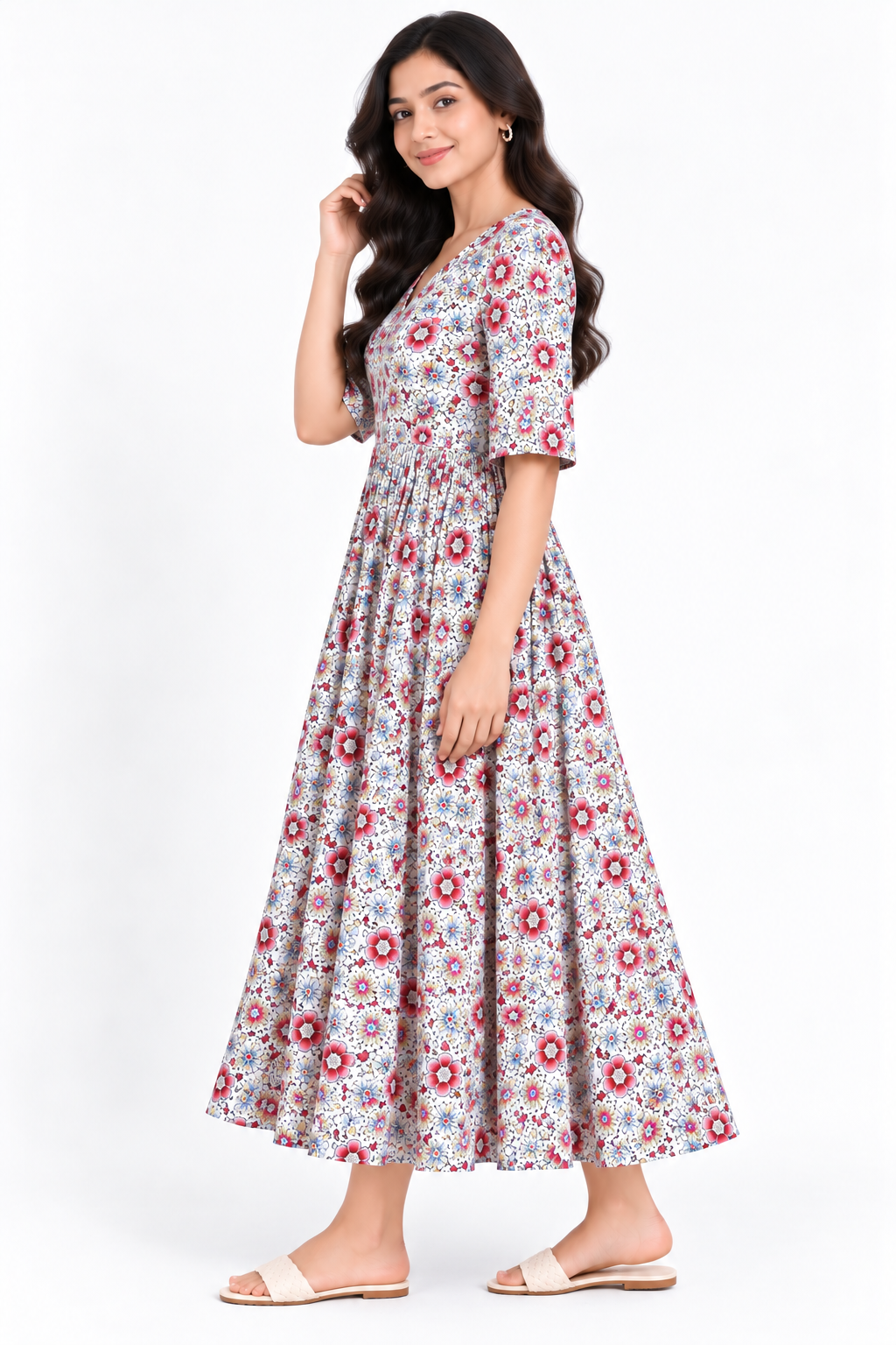 Women’s Floral Print V-Neck Gathered Midi Dress