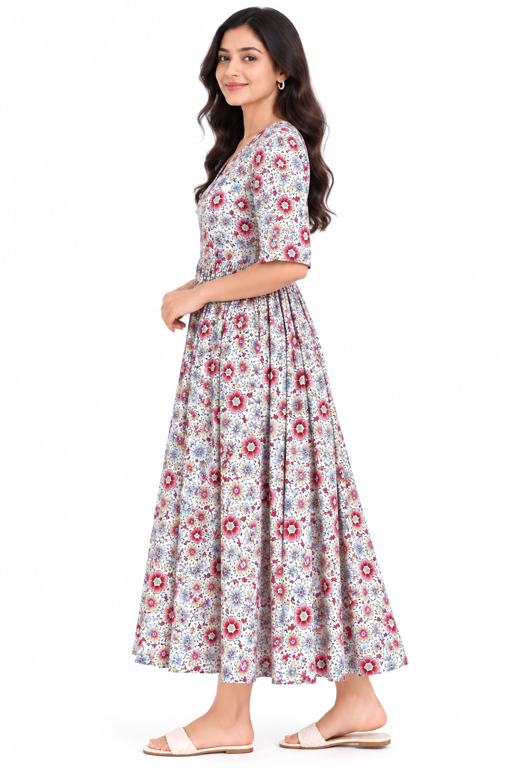 Women’s Floral Print V-Neck Gathered Midi Dress