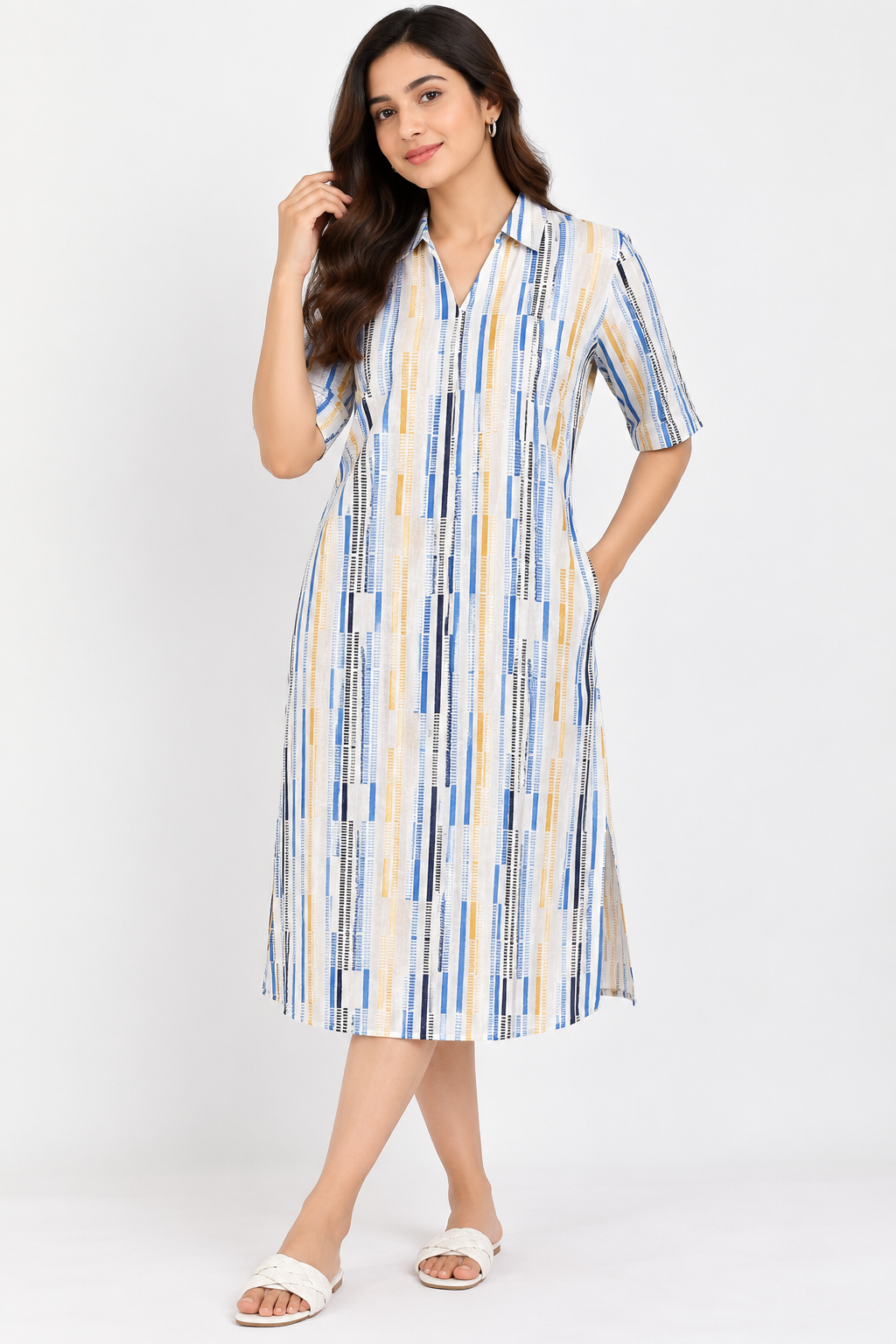 Women’s Abstract Striped Collared Midi Dress