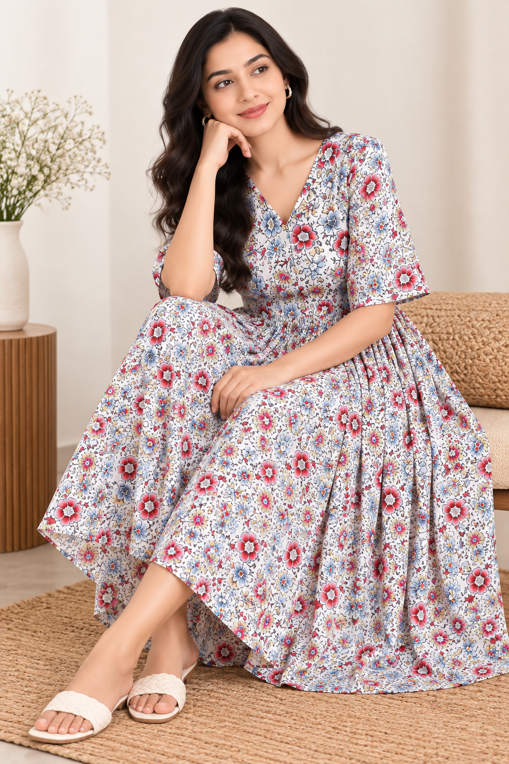 Women’s Floral Print V-Neck Gathered Midi Dress